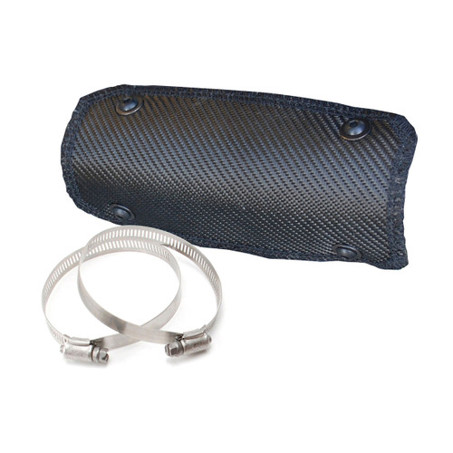 Exhaust Heat Shield - ONYX Pipe Shield - 4 x 8 in - Clamp-On - Woven Fiberglass - Carbon Fiber Look - Up to 3 in Tubing - Each