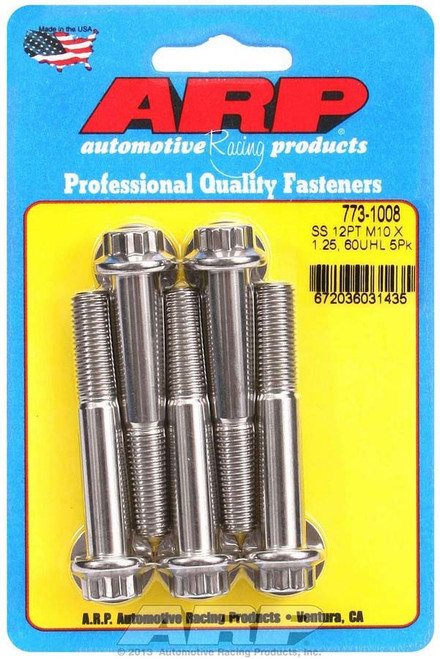 Bolt - 10 mm x 1.25 Thread - 60 mm Long - 12 mm 12 Point Head - Stainless - Polished - Universal - Set of 5