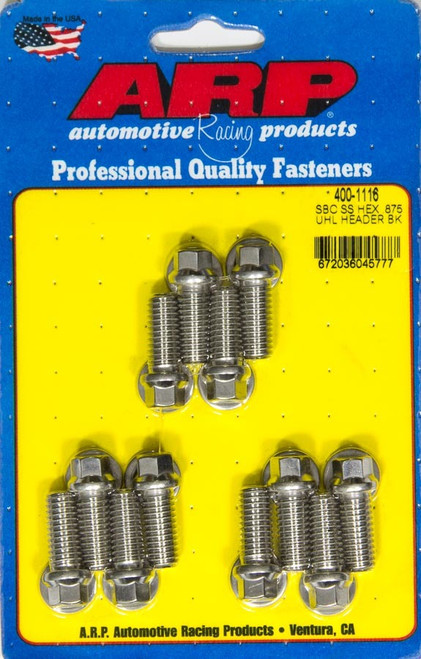 Header Bolt - 3/8-16 in Thread - 0.875 in Long - Hex Head - Stainless - Polished - Universal - Set of 12 Header Bolt - 3/8-16 in Thread - 0.875 in Long - Hex Head - Stainless - Polished - Universal - Set of 12