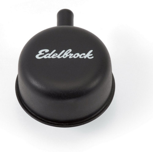 Breather - Push-In - Signature Series - Round - 1-1/4 in Hole - 3/8 in Hose Barb Fitting - Edelbrock Logo - Steel - Black Powder Coat - Each