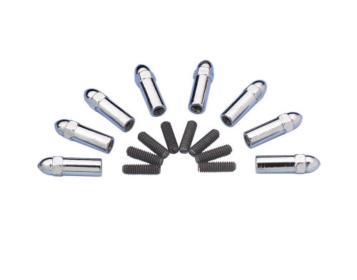 Valve Cover Fastener - Stud - 1/4-20 in Thread - 1.380 in Long - Acorn Nuts - 2 in Long - Steel - Chrome - Set of 8 Valve Cover Fastener - Stud - 1/4-20 in Thread - 1.380 in Long - Acorn Nuts - 2 in Long - Steel - Chrome - Set of 8