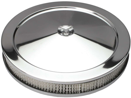 Air Cleaner Assembly - Muscle Car - 14 in Round - 2.125 in Tall - 5-1/8 in Carb Flange - Flat Base - Steel - Chrome - Kit