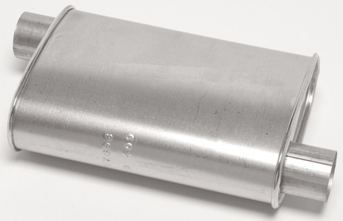 Muffler - Thrush Turbo - 2-1/2 in Offset Inlet - 2-1/2 in Offset Outlet - 14 x 4-1/4 x 9-3/4 in Oval - 18-1/2 in Long - Steel - Aluminized - Universal - Each