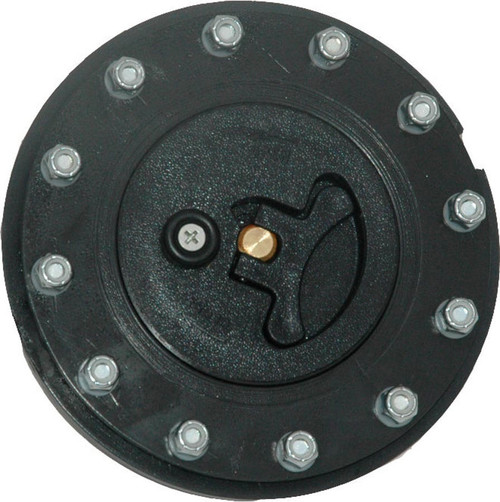 Fuel Cell Filler Cap Assembly - Twist-On - Flat Mount - 12-Bolt Flange - Plastic - Black - Kit