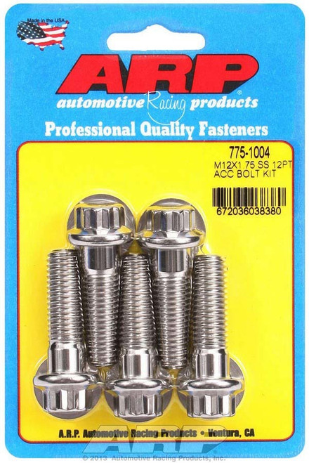 Bolt - 12 mm x 1.75 Thread - 40 mm Long - 14 mm 12 Point Head - Stainless - Polished - Universal - Set of 5