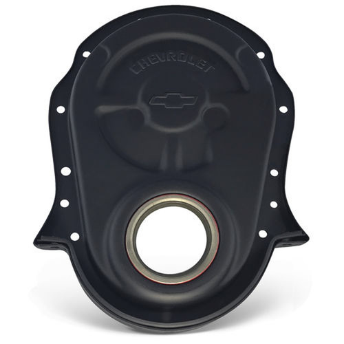 Timing Cover - 1-Piece - Chevrolet / Bowtie Logo - Oil Seal Included - Steel - Black Crinkle Paint - Big Block Chevy - Each