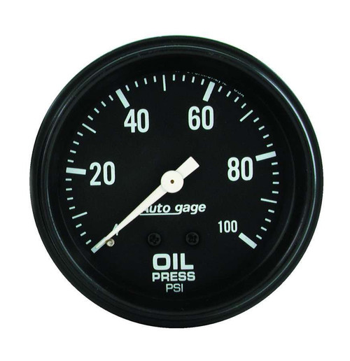 Oil Pressure Gauge - Auto Gage - 0-100 psi - Mechanical - Analog - Full Sweep - 2-5/8 in Diameter - Black Face - Each