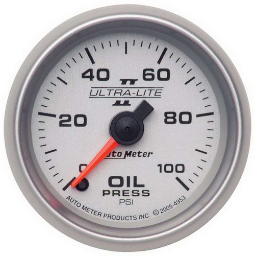 Oil Pressure Gauge - Ultra-Lite II - 0-100 psi - Electric - Analog - Full Sweep - 2-1/16 in Diameter - Silver Face - Each
