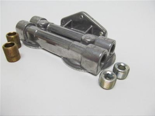 Remote Oil Filter Mount - Dual Filter - 13/16-16 in Thread - Two 1/2 in NPT Ports - Bolt-On - Side Ports - Aluminum - Natural - Each Remote Oil Filter Mount - Dual Filter - 13/16-16 in Thread - Two 1/2 in NPT Ports - Bolt-On - Side Ports - Aluminum - Natural - Each