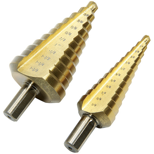 Drill Bit - Step - 3/16 to 7/8 in - 1/4 to 1-3/8 - 1/4 in Hex Shank - Steel - Titanium Coated - Kit Drill Bit - Step - 3/16 to 7/8 in - 1/4 to 1-3/8 - 1/4 in Hex Shank - Steel - Titanium Coated - Kit