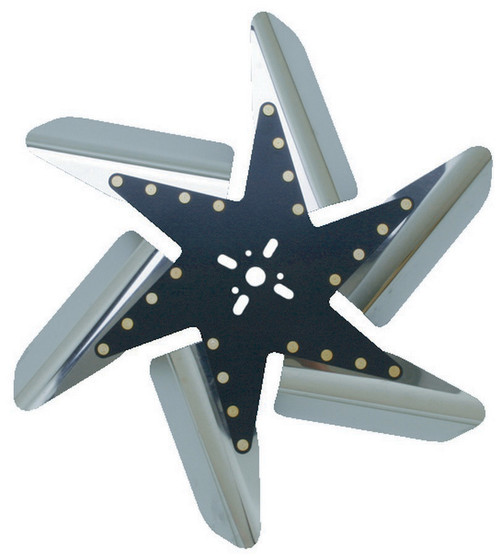 Mechanical Cooling Fan - Reverse Rotation Turbo Flex - 18 in Fan - 5/8 in Pilot - Universal Bolt - Steel Hub / Stainless Blades - Polished / Black Center - Each Mechanical Cooling Fan - Reverse Rotation Turbo Flex - 18 in Fan - 5/8 in Pilot - Universal Bolt - Steel Hub / Stainless Blades - Polished / Black Center - Each