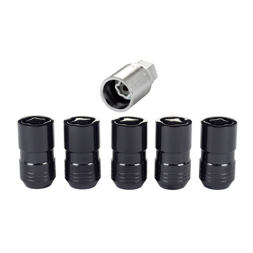 Wheel Lock - Premium - 14 mm x 1.50 Thread - Cone Seat - Closed End - Key Included - Steel - Black Chrome - Set of 5