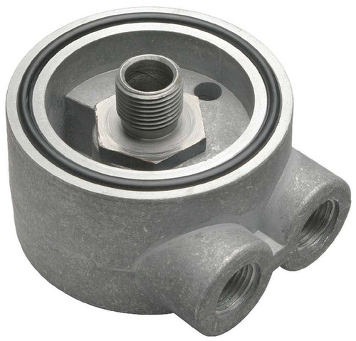 Oil Cooler Adapter - Sandwich - 18 mm x 1.50 Center Thread - 3/8 in NPT Female Inlet - 3/8 in NPT Female Outlet - Aluminum - Natural - Small Block Chevy - Each