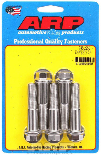 Bolt - 1/2-20 in Thread - 2.25 in Long - 9/16 in Hex Head - Stainless - Polished - Universal - Set of 5