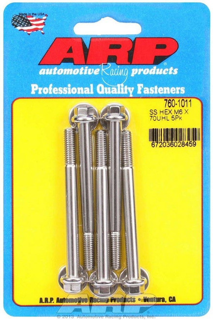 Bolt - 6 mm x 1.00 in Thread - 70 mm Long - 8 mm Hex Head - Stainless - Polished - Universal - Set of 5 Bolt - 6 mm x 1.00 in Thread - 70 mm Long - 8 mm Hex Head - Stainless - Polished - Universal - Set of 5