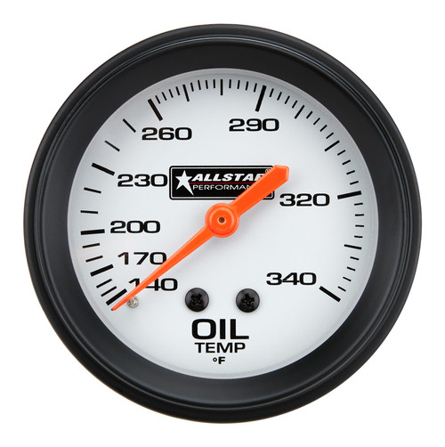 Oil Temperature Gauge - 140-340 Degree F - Mechanical - Analog - Full Sweep - 2-5/8 in Diameter - Silver Face - Each