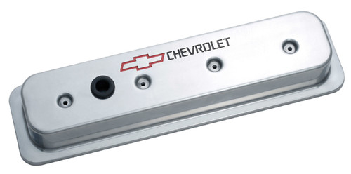 Valve Cover - Die-Cast - Tall - Baffled - Breather Hole - Chevrolet Bowtie Logo - Aluminum - Polished - Center Bolt - Small Block Chevy - Kit