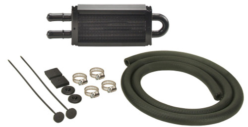 Fluid Cooler - 8.125 x 2.5 x 0.75 in - Tube Type - 11/32 in Hose Barb Inlet / Outlet - Hardware / Hose - Aluminum / Copper - Black Powder Coat - Power Steering - Kit