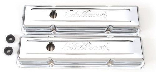Valve Cover - Signature Series - Short - Baffled - Breather Hole - Grommets - Edelbrock Logo - Steel - Chrome - Small Block Chevy - Pair Valve Cover - Signature Series - Short - Baffled - Breather Hole - Grommets - Edelbrock Logo - Steel - Chrome - Small Block Chevy - Pair