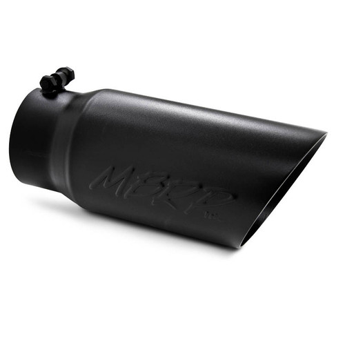 Exhaust Tip - Black Series Diesel Exhaust Tips - Clamp-On - 4 in Inlet - 5 in Round Outlet - 12 in Long - Double Wall - Beveled Edge - Angled Cut - Stainless - Black Powder Coat - Each