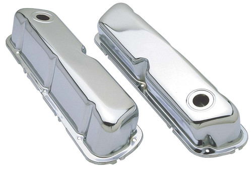 Valve Cover - Stock Height - Baffled - Breather Holes - Steel - Chrome - Small Block Ford - Pair