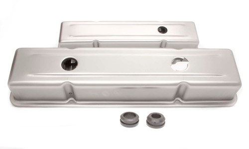 Valve Cover - Short - 2-5/8 in Height - Baffled - Breather Holes - Grommets Included - Steel - Natural - Small Block Chevy - Pair