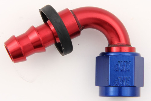 Fitting - Hose End - Push-On - 120 Degree - 10 AN Hose Barb to 10 AN Female - Aluminum - Blue / Red Anodized - Each