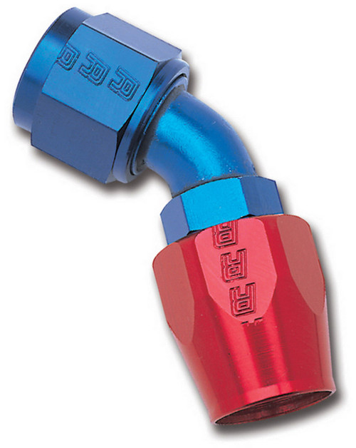 Fitting - Hose End - Full Flow - 45 Degree - 6 AN Hose to 6 AN Female - Aluminum - Blue / Red Anodized - Each