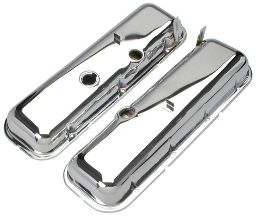 Valve Cover - Stock Height - Baffled - Breather Holes - Steel - Chrome - Big Block Chevy - Pair