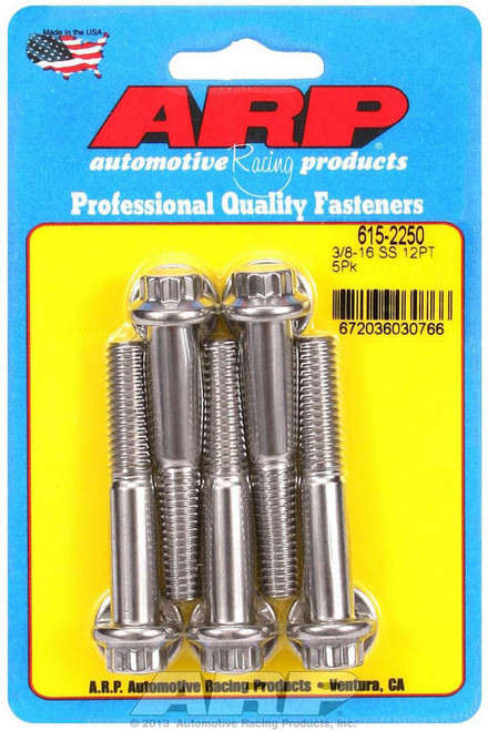 Bolt - 3/8-16 in Thread - 2.25 in Long - 7/16 in 12 Point Head - Stainless - Polished - Universal - Set of 5