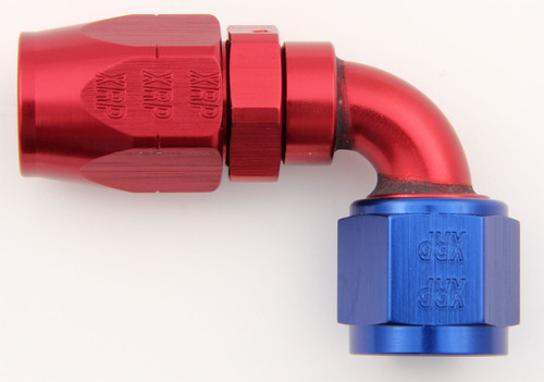 Fitting - Hose End - 90 Degree - 10 AN Hose to 10 AN Female - Double Swivel - Aluminum - Blue / Red Anodized - Each