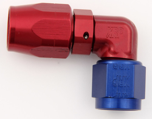 Fitting - Hose End - 90 Degree - Low Profile - 8 AN Hose to 8 AN Female - Double Swivel - Aluminum - Blue / Red Anodized - Each