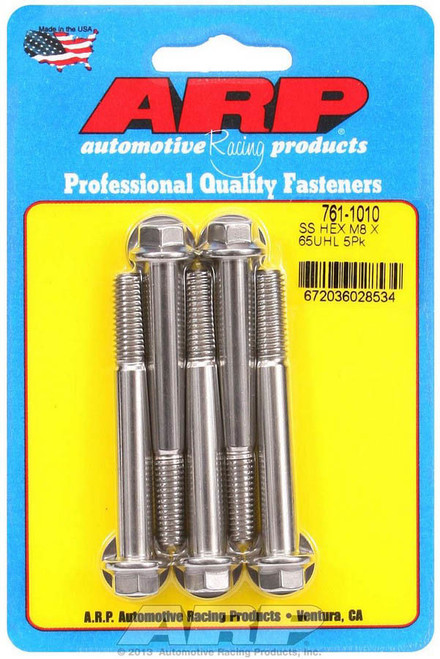 Bolt - 8 mm x 1.25 Thread - 65 mm Long - 10 mm Hex Head - Stainless - Polished - Universal - Set of 5 Bolt - 8 mm x 1.25 Thread - 65 mm Long - 10 mm Hex Head - Stainless - Polished - Universal - Set of 5