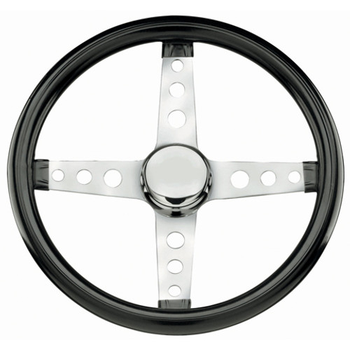 Steering Wheel - Classic - 13-1/2 in Diameter - 1-3/4 in Dish - 4-Spoke - Black Vinyl Grip - Steel - Chrome - Each