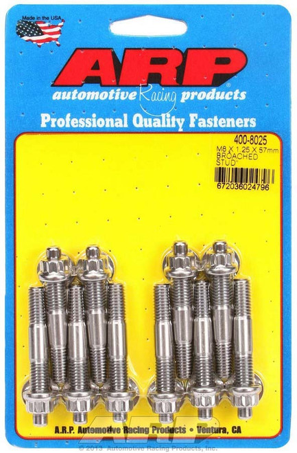 Stud - 8 mm x 1.25 Thread - 2.25 in Long - 12 Point Nuts - Stainless - Polished - Universal - Set of 10