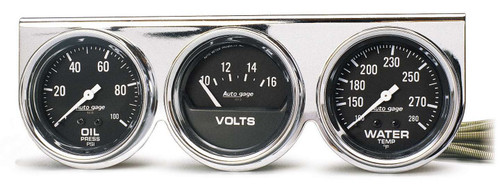 Gauge Panel Assembly - Auto Gage - Analog - Oil Pressure / Voltmeter / Water Temperature - 2-5/8 in Diameter - Black Face - Kit