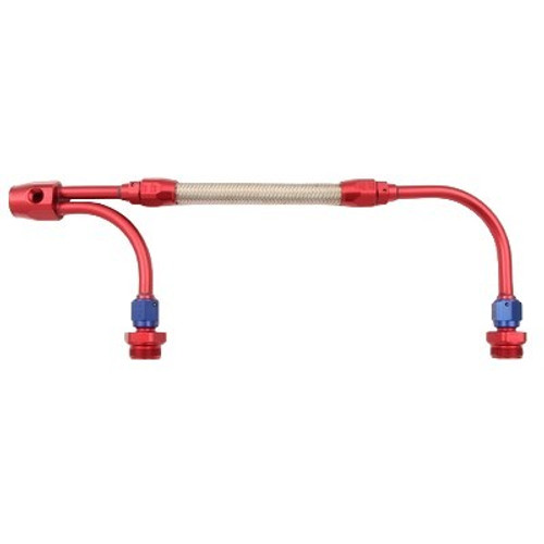 Carburetor Fuel Line - 3/8 in NPT Female Inlet - 7/8-20 in Dual Outlets - Braided Stainless Hose - Blue / Red / Silver - Holley 4150 - Kit