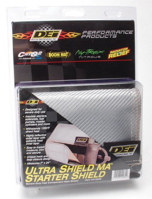 Starter Heat Shield - Ultra Shield MA - 24 x 7 in - Hook and Loop Closure - Aluminized Fiberglass Cloth - Silver - Each