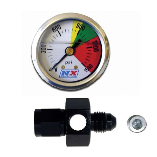 Nitrous Pressure Gauge - 0-1500 psi - Mechanical - Analog - Liquid Filled - Full Sweep - 1-1/2 in Diameter - 1/8 in NPT Port - 4 AN Fitting - White Face - Kit