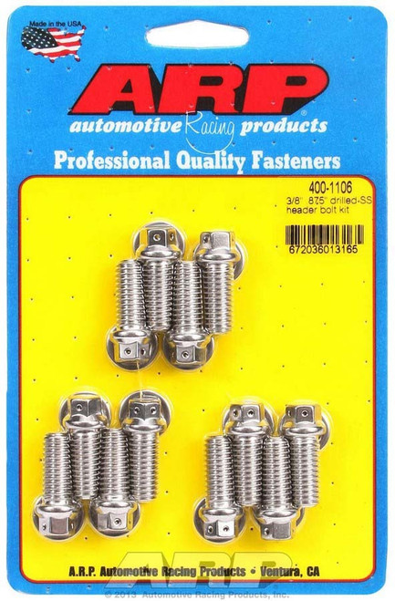 Header Bolt - 3/8-16 in Thread - 0.875 in Long - Hex Head - Stainless - Polished - Drilled - Universal - Set of 12