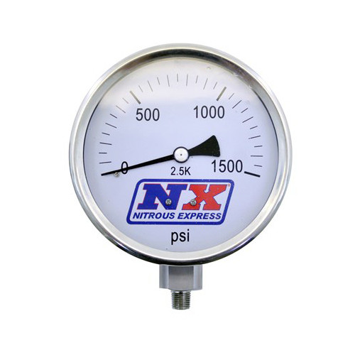Nitrous Pressure Gauge - 0-1500 psi - Mechanical - Analog - Liquid Filled - Full Sweep - 4 in Diameter - 1/8 in NPT Male Fitting - White Face - Each