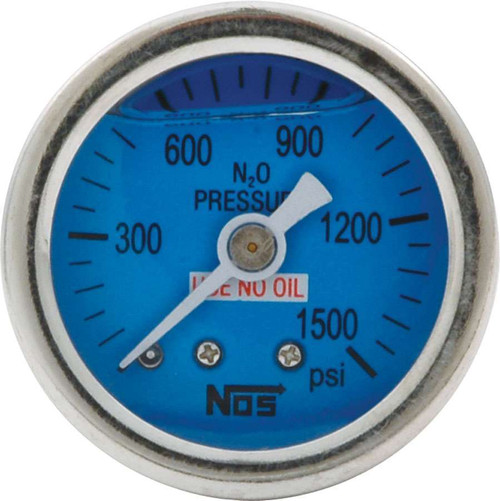 Nitrous Pressure Gauge - 0-1500 psi - Mechanical - Analog - Full Sweep - 1-1/2 in Diameter - Liquid Filled - 1/8 in NPT Port - Blue Face - Each