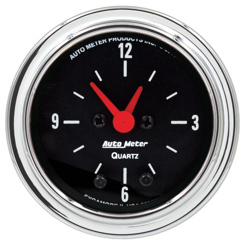 Clock Gauge - Traditional Chrome - Electric - Analog - 2-1/16 in Diameter - Black Face - Each