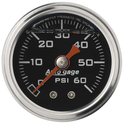 Pressure Gauge - Auto Gage - 0-60 psi - Mechanical - Analog - 1-1/2 in Diameter - Liquid Filled - 1/8 in NPT Port - Black Face - Each