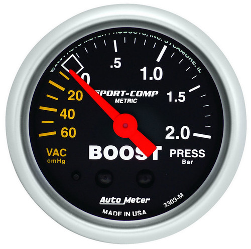 Boost / Vacuum Gauge - Sport-Comp - 60cm HG-2.0 Bar - Mechanical - Analog - 2-1/16 in Diameter - Black Face - Each