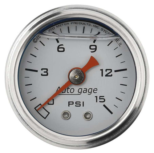 Pressure Gauge - Auto Gage - 0-15 psi - Mechanical - Analog - 1-1/2 in Diameter - Liquid Filled - 1/8 in NPT Port - White Face - Each Pressure Gauge - Auto Gage - 0-15 psi - Mechanical - Analog - 1-1/2 in Diameter - Liquid Filled - 1/8 in NPT Port - White Face - Each