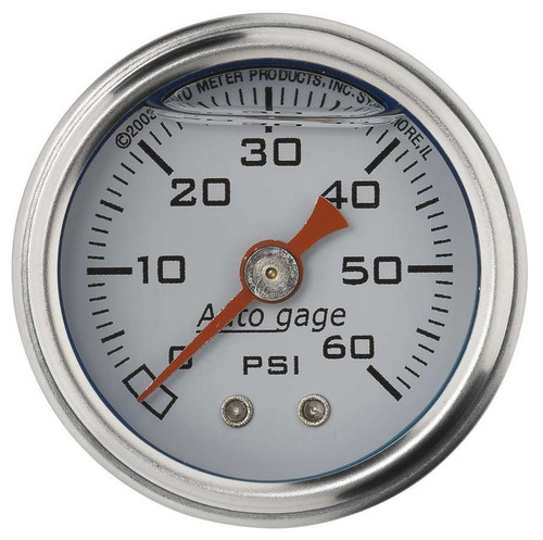 Pressure Gauge - Auto Gage - 0-60 psi - Mechanical - Analog - 1-1/2 in Diameter - Liquid Filled - 1/8 in NPT Port - White Face - Each
