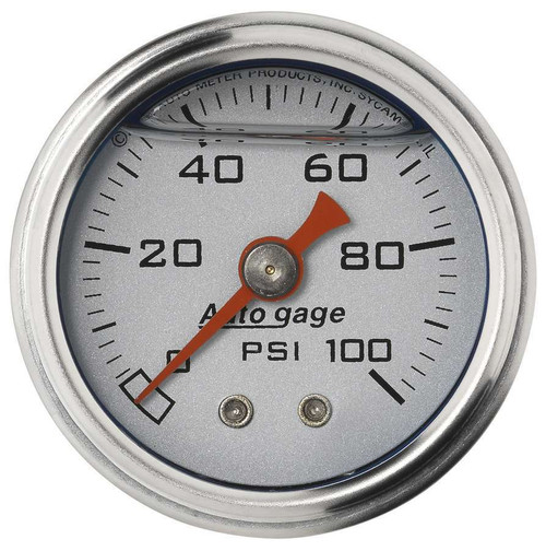 Pressure Gauge - Auto Gage - 0-100 psi - Mechanical - Analog - 1-1/2 in Diameter - Liquid Filled - 1/8 in NPT Port - Silver Face - Each