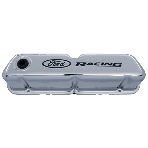 Valve Cover - Stock Height - Baffled - Breather Hole - Ford Racing Logo - Steel - Chrome - Small Block Ford - Pair