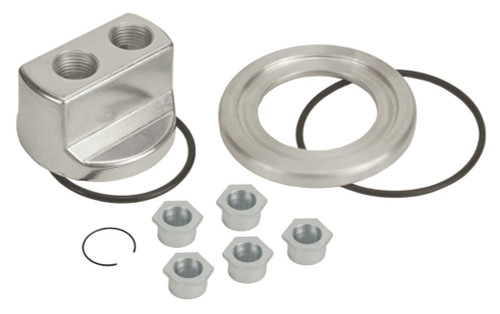 Oil Filter Adapter - Bypass - Block Mount - Various Center Thread Adapters - 1/2 in NPT Inlet - 1/2 in NPT Outlet - Aluminum - Polished - Each Oil Filter Adapter - Bypass - Block Mount - Various Center Thread Adapters - 1/2 in NPT Inlet - 1/2 in NPT Outlet - Aluminum - Polished - Each